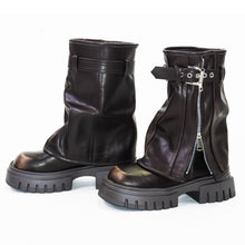 Load image into Gallery viewer, Elecsop Mid Calf Boots for Women Platform Fold Over Biker, Retro Belt Buckle Side Zip Leather Brown Boots for Women, Fashion Motorcycle Combat Boots