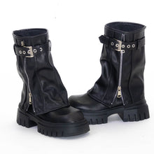 Load image into Gallery viewer, Elecsop Mid Calf Boots for Women Platform Fold Over Biker, Retro Belt Buckle Side Zip Leather Brown Boots for Women, Fashion Motorcycle Combat Boots